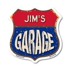 Jim’s Garage Shield Shaped Sign Weather Resistant Crafted in the USA