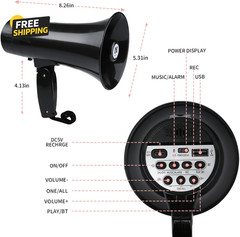 20W Rechargeable Megaphone Bullhorn BT USB Siren Record Speaker Black 240Sec
