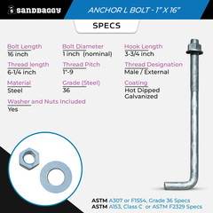 Sandbaggy 1″ x 16″ Threaded Concrete Anchor L-Bolts – Hot Dipped Galvanized
