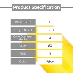 8 Rolls 18″ x 1500′ (80 Gauge) Cast Bundling Hand Stretch Wrap Film, Dark Yellow
