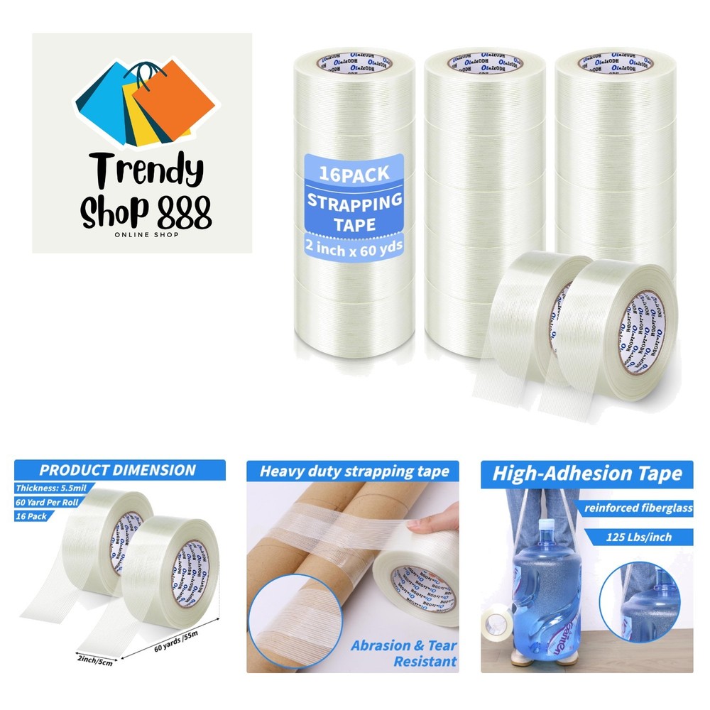 16 Rolls 2 Inch X 60 Yards 5.5 Mil Fiberglass Filament Packing Tape Transpare…