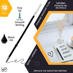 12 Pack Black Gel Ink Pen Refills 0.5mm Fine Tip 115mm Universal Retractable