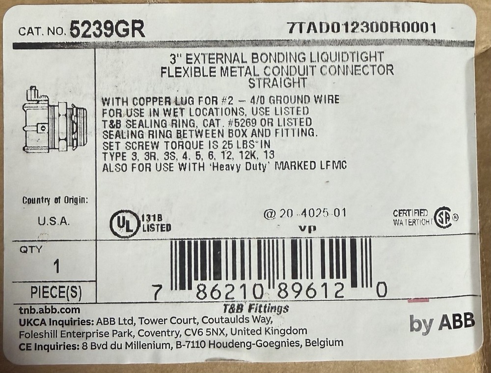 THOMAS & BETTS 5239GR 3″ STRAIGHT FLEX CONNECTOR WITH GROUND BRAND NEW