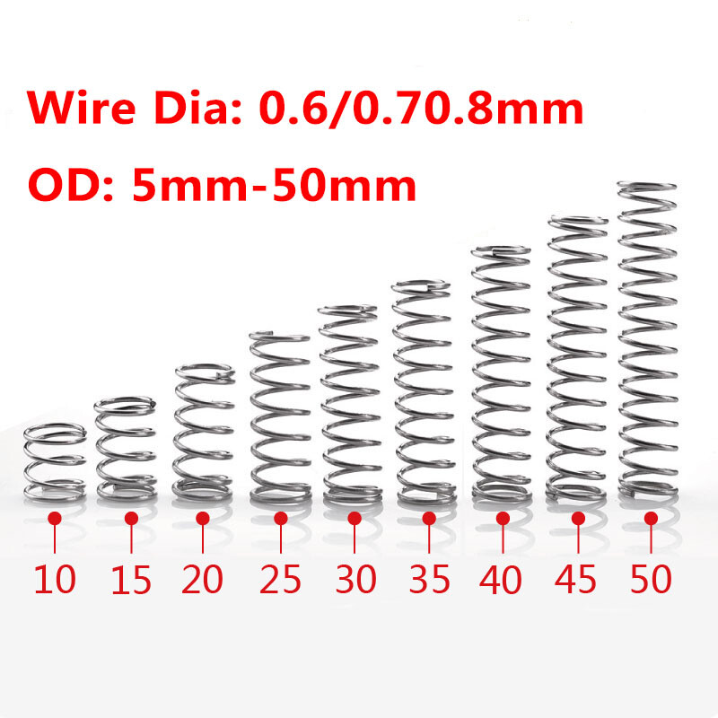 Wire Dia 0.6/0.7/0.8mm 304 Stainless Steel Compression Spring OD 5mm-50mm 10Pcs