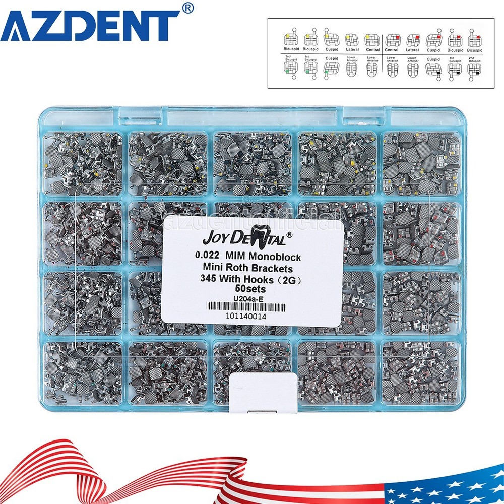 50Sets AZDENT Dental Ortho MIM Monoblock Brackets Braces Mini Roth 022 Hook 345