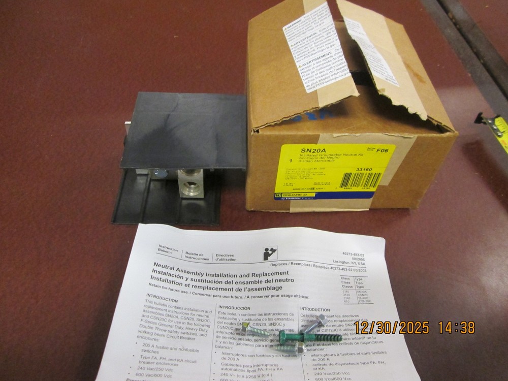 Square D SN20A Insulated Groundable Neutral Kit 33160 New Sealed Box Isolated