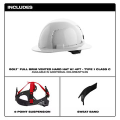 BOLT White Type 1 Class C Full Brim Vented Hard Hat with 4 Point Ratcheting Susp