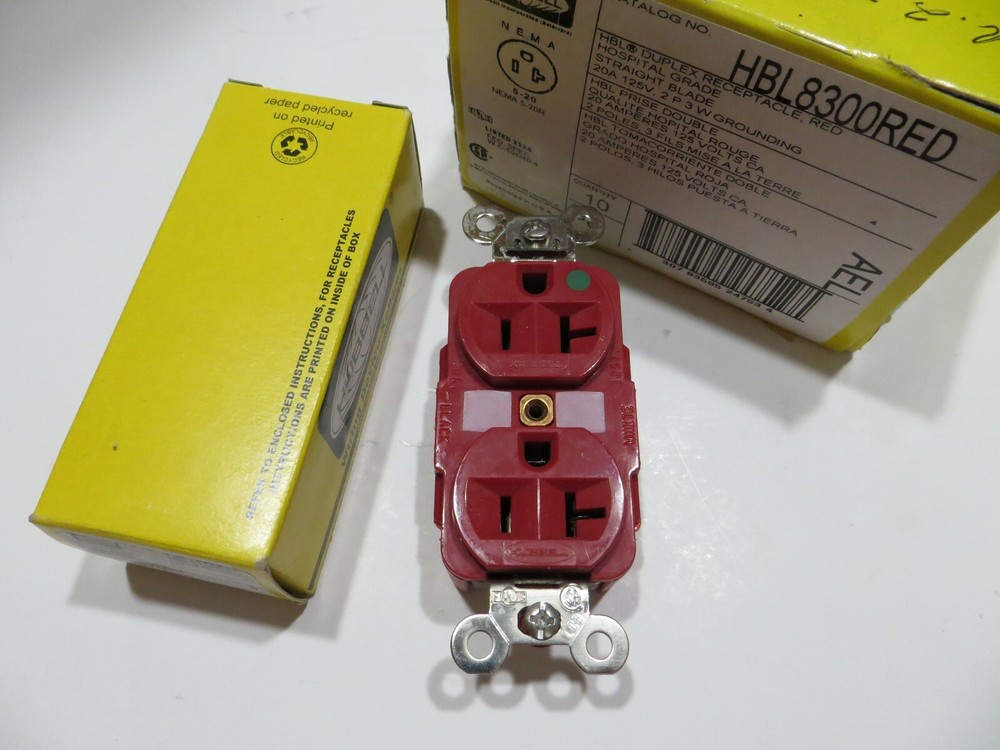 Hubbell HBL8300RED Duplex Receptacle, 20A, 5-20R, 125V HOSPITAL GRADE