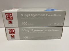 Lot Of (2) Basic Vinyl Synmax Exam Gloves 100ct Box MEDIUM BMPF3002 Latex Free