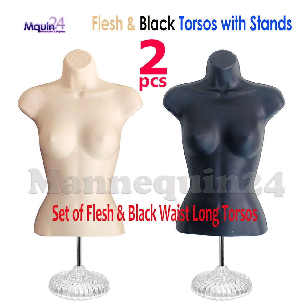 Flesh & Black Mannequin Female Torso Dress Forms Set with 2 Stands + 2 Hangers
