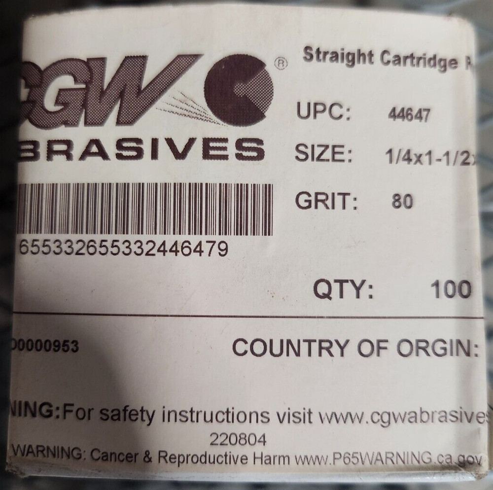 CGW Abrasives 44647 1/4″X1-1/2″X1/8″ 80 GRIT AO STRAIGHT CARTRIDGE ROLLS 100/BOX