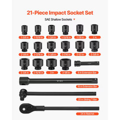 1 In. Drive 21-Piece SAE Impact Socket Set, 6-Point, 1-5/8 to 3-1/8 In., with Ex