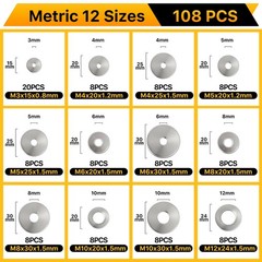 108PCS Flat Washers Assortment Kit, 304 Stainless Steel Fender Washers, 12 Si…