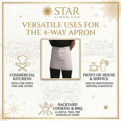 Four Way Apron 17 x 34 White 55% Cotton 45% Polyester Tie Strap Closure Washable