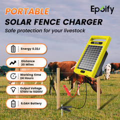 Electric Fence Charger Solar Powered 20 Miles 0.32J Livestock Energizer 24 Hour