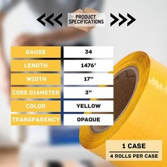 4 Rolls 17″x1476′ (34 Gauge) Pallet Bundling Hand Pre-Stretch Wrap Film, Yellow
