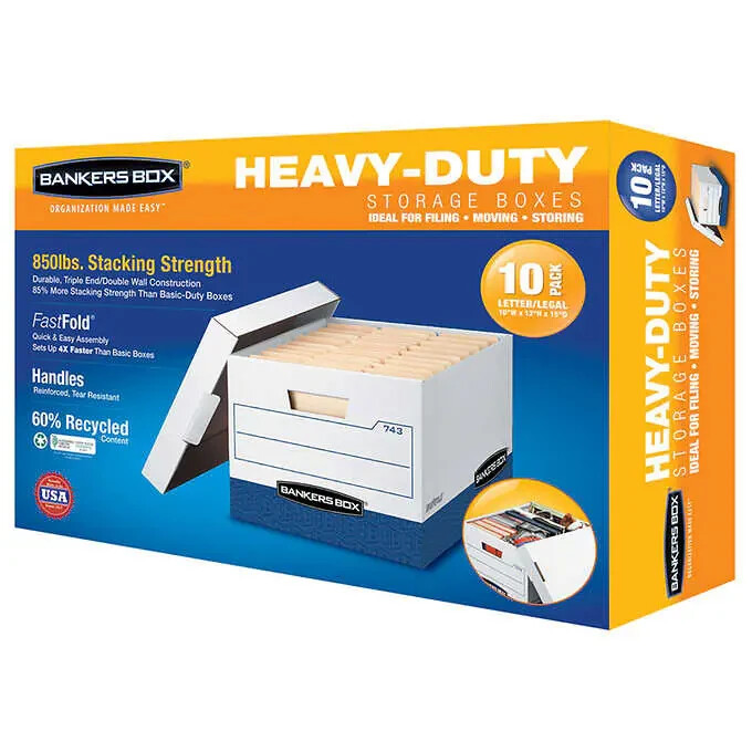 Bankers Box Heavy Duty File/Letter/Legal Storage Box, Tear Resistant 10-pack NEW
