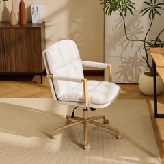 Comfy Linen Office Desk Chair with Wheels & Detachable Cushions & Wood-Like