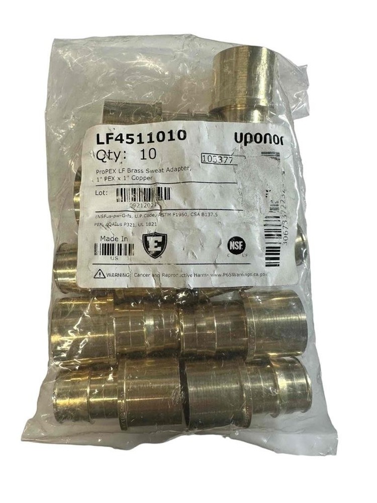 10 Pack Uponor LF4511010 ProPEX LF Brass Sweat Adapter 1″ Pex X 1″ Copper