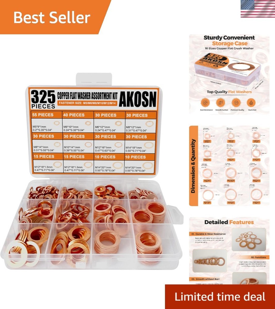 Organized Copper Metric Washers Set—325 Pieces in 10 Sizes for Efficient Use