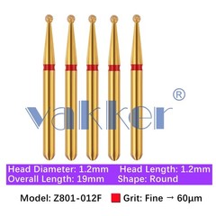 Vakker 5pc Dental Zirconica Diamond Burs w/ Metal Holder Z801 Z801L Round Shape
