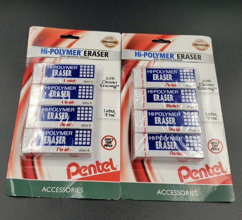 Pentel Hi-Polymer Erasers White Block 8PK Non-Abrasive Gentle Pencil Latex-Free