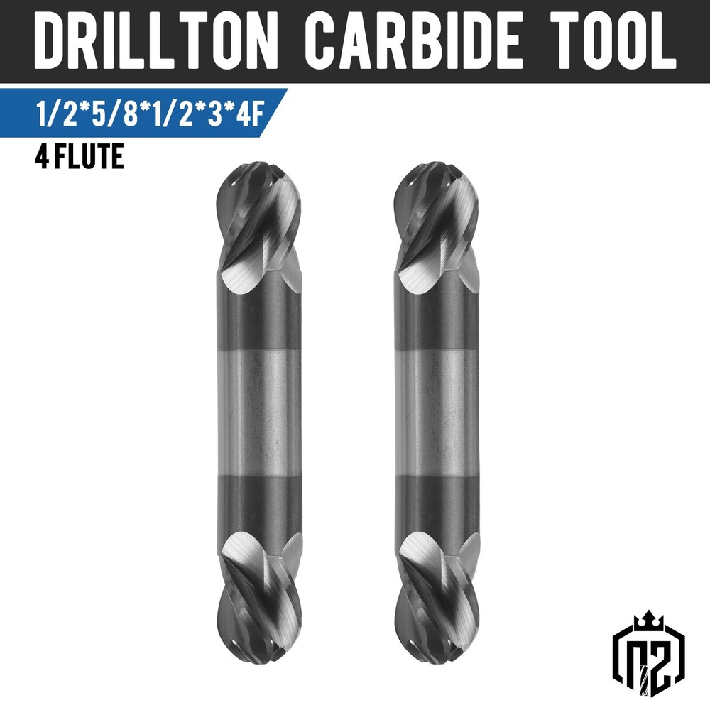2PCS 4 Flute 1/2″ Solid Carbide Ball Nose End Mill – Double End – AlTiN Coated