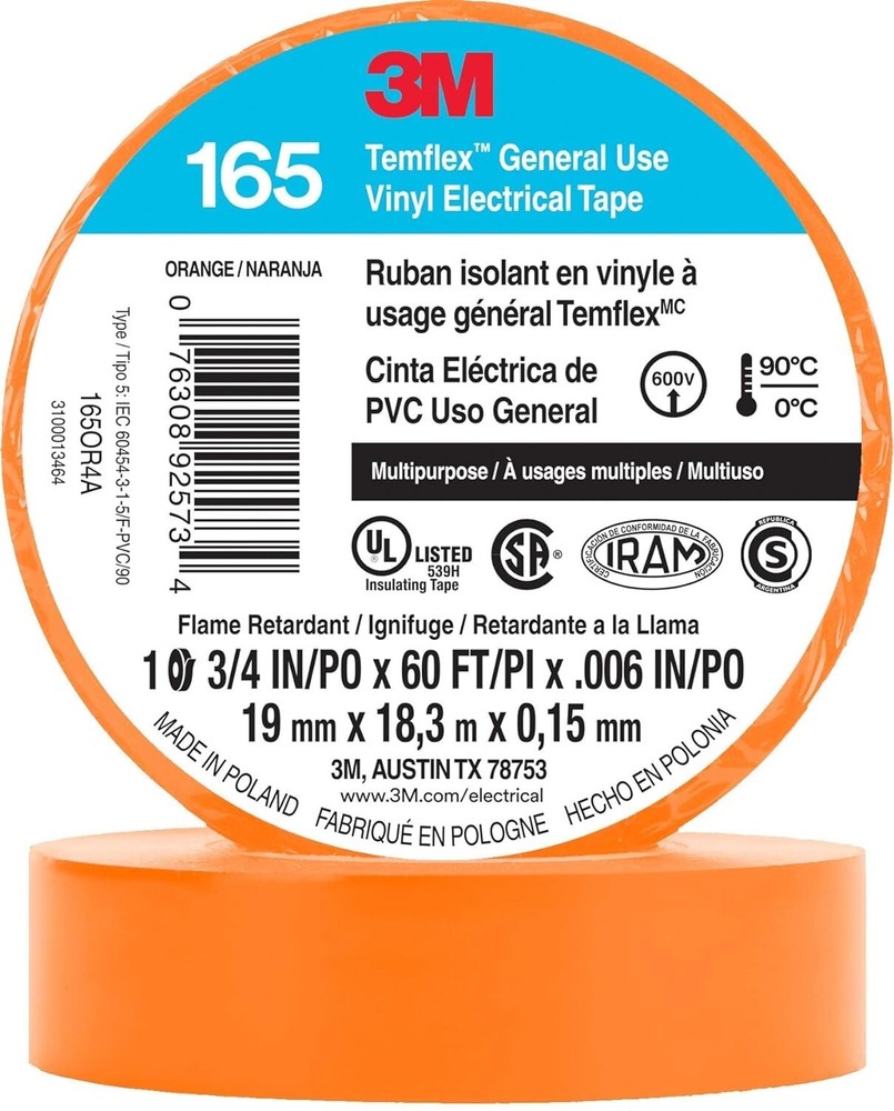 3M Temflex Multi-Purpose Vinyl Electrical Tape 165, Orange, .75in x60ft, 1 roll