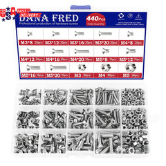 440 Pieces Flat Hex Socket Head Cap Screws Kit 304 Stainless Steel M3 M4 M5 Metr
