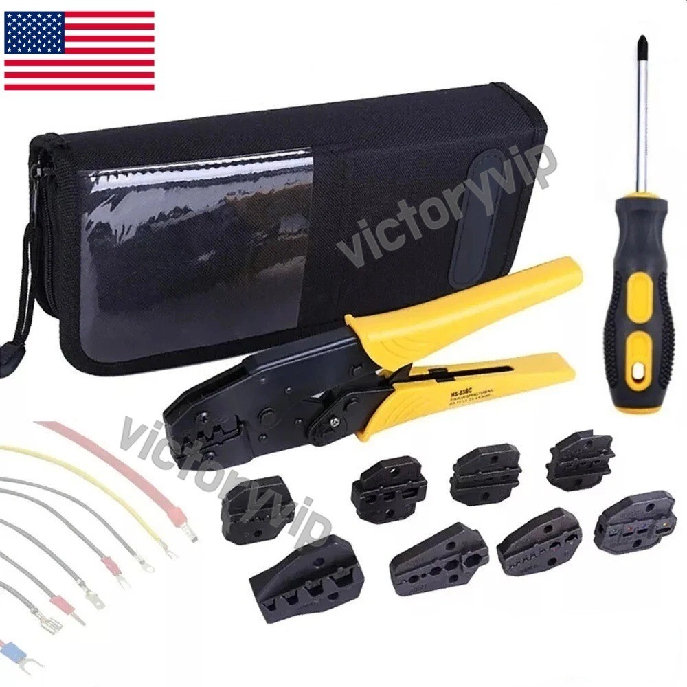 Ratcheting Crimping Tool Kit Cord End Terminals Wire Crimper Pliers w/ 8 Dies US