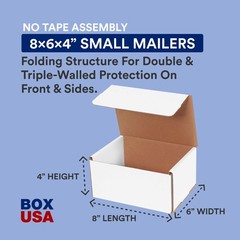 BOX USA Shipping Boxes Small 8″L x 6″W x 4″H, 50-Pack | 8 x 6 x 4, White