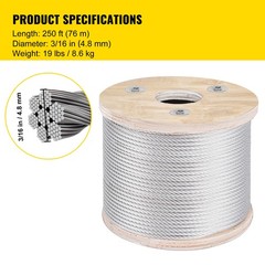 VEVOR T304 3/16″ Stainless Steel Cable Wire Rope 7×19 250FT Railing Kit