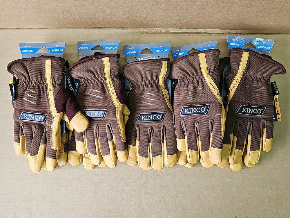 5 Pair Kinco 2014HK Thermal Leather Work Gloves, Spandex Stretch, Medium, Brown