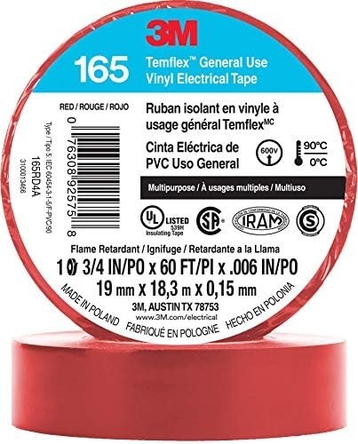 3M Temflex Multi-Purpose Vinyl Electrical Tape 165, Red, .75in x60ft, 1 roll