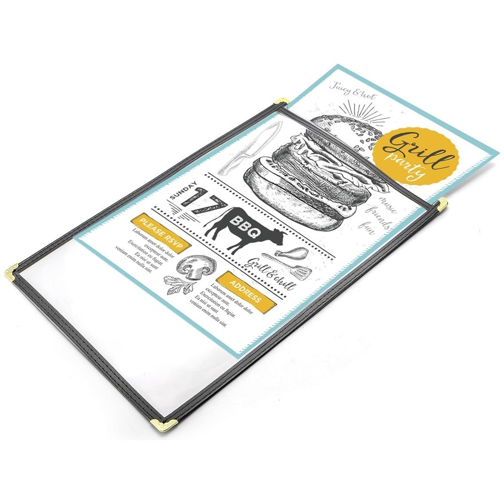 Black Vinyl Menu Holders w/ Clear Sleeves, 8.5 x 14in, 1 Page/ 2 View – 25 Pack