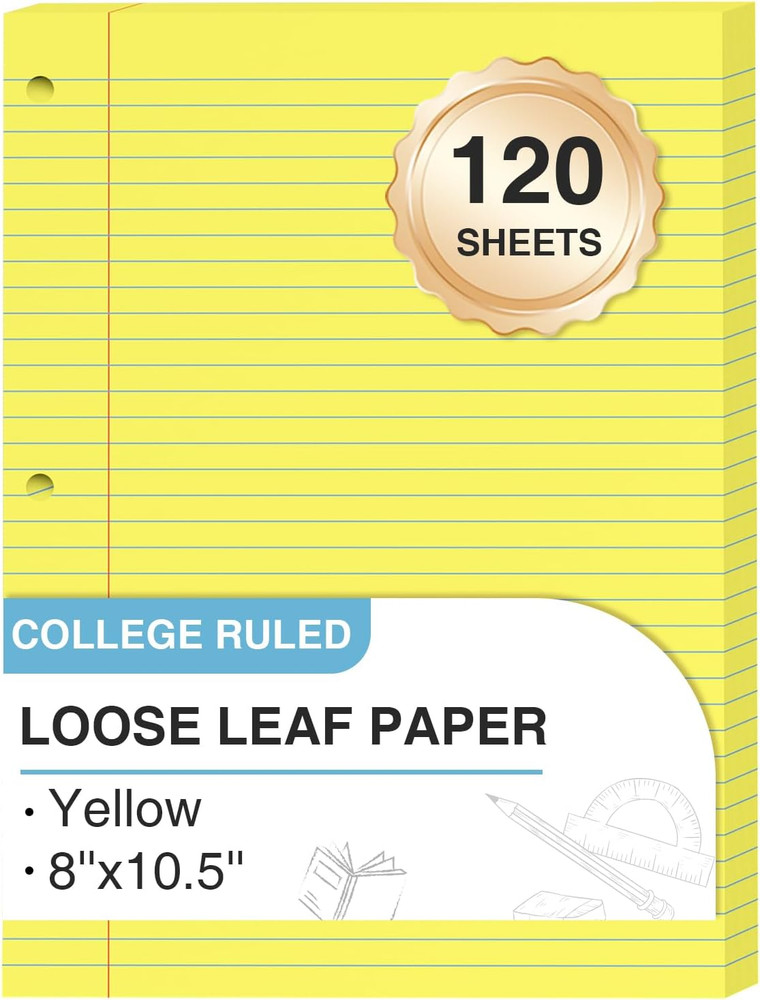 Yellow Loose Leaf Paper 8 X 10.5, 120 Sheets Lined Paper College Ruled Paper, 3