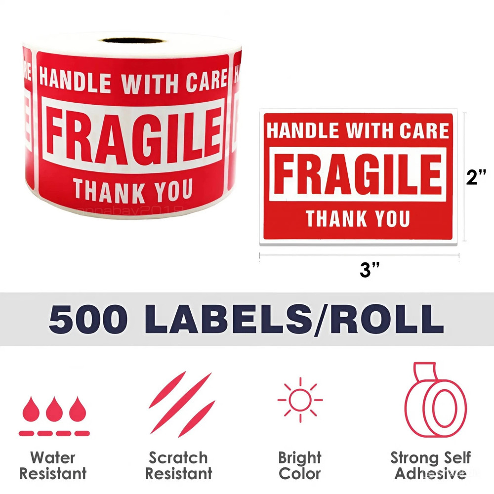 Fragile Stickers 1 Roll 500 2×3 Fragile Label Sticker Handle With Care Mailing