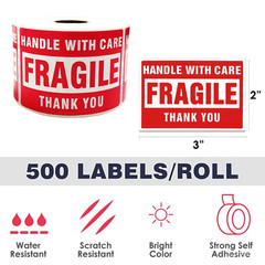 Fragile Stickers 1 Roll 500 2×3 Fragile Label Sticker Handle With Care Mailing