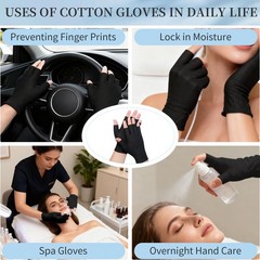 3Pairs Fingerless Cotton Gloves, Black Moisturizing Gloves