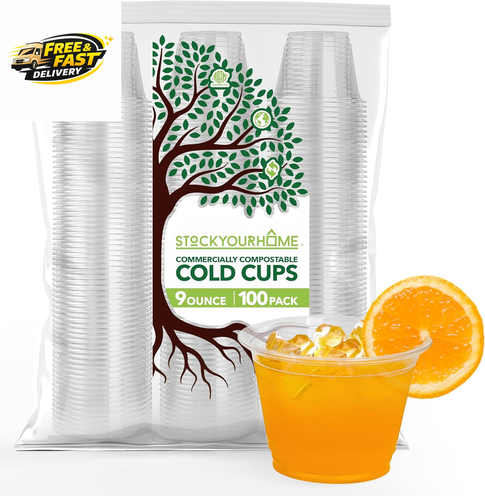 9 Oz Clear Commercially Compostable Cold Cups (100 Pack) PLA Disposable Party