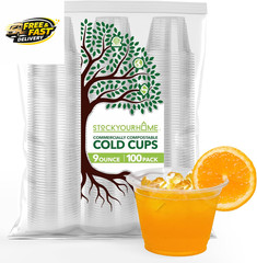 9 Oz Clear Commercially Compostable Cold Cups (100 Pack) PLA Disposable Party