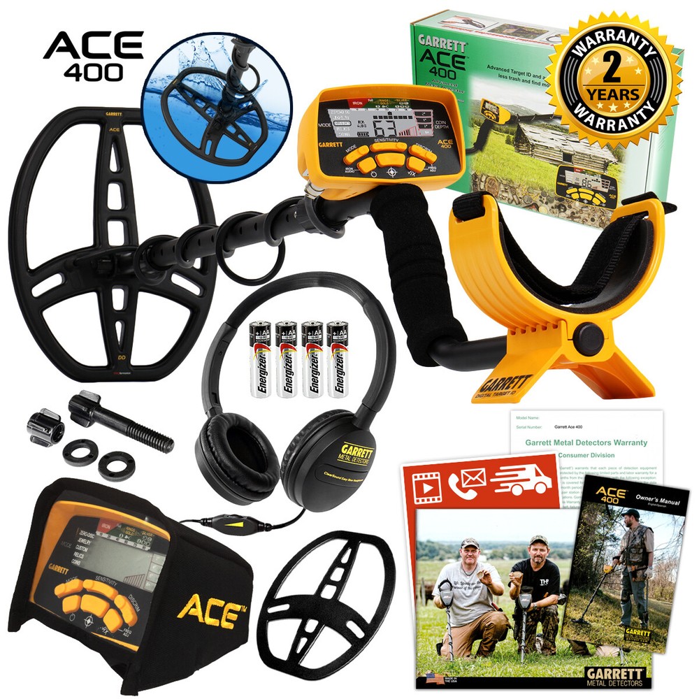 Garrett ACE 400 Metal Detector with 8.5 x 11 DD Waterproof Coil & 3 Accessories