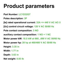 LC1D32G7 Contactor 120V coil 32A replace Deca Schneider Contactor LC1D32G7 3P AC