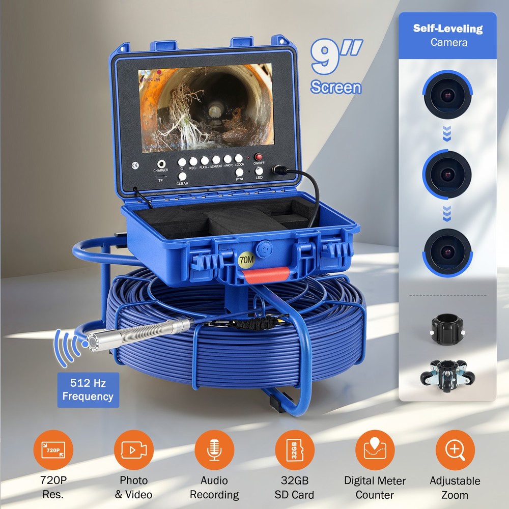 9″ Self-Leveling Sewer Camera w 512Hz 230ft/70m Digital Length Counter 32GB IP68