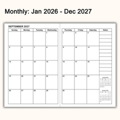 A5 Calendar Planner Jan 2026 – Dec 2027, Travelers Notebook Inserts for 2 Yea