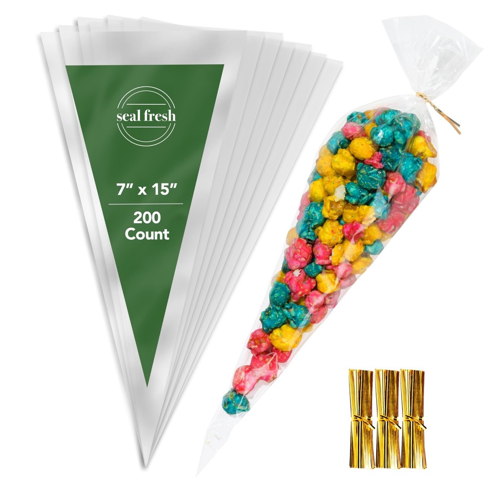 Cone Cellophane Bags with Twist Ties – 7 x 15 Inch (200 Pack) — Clear Cone-Sh…