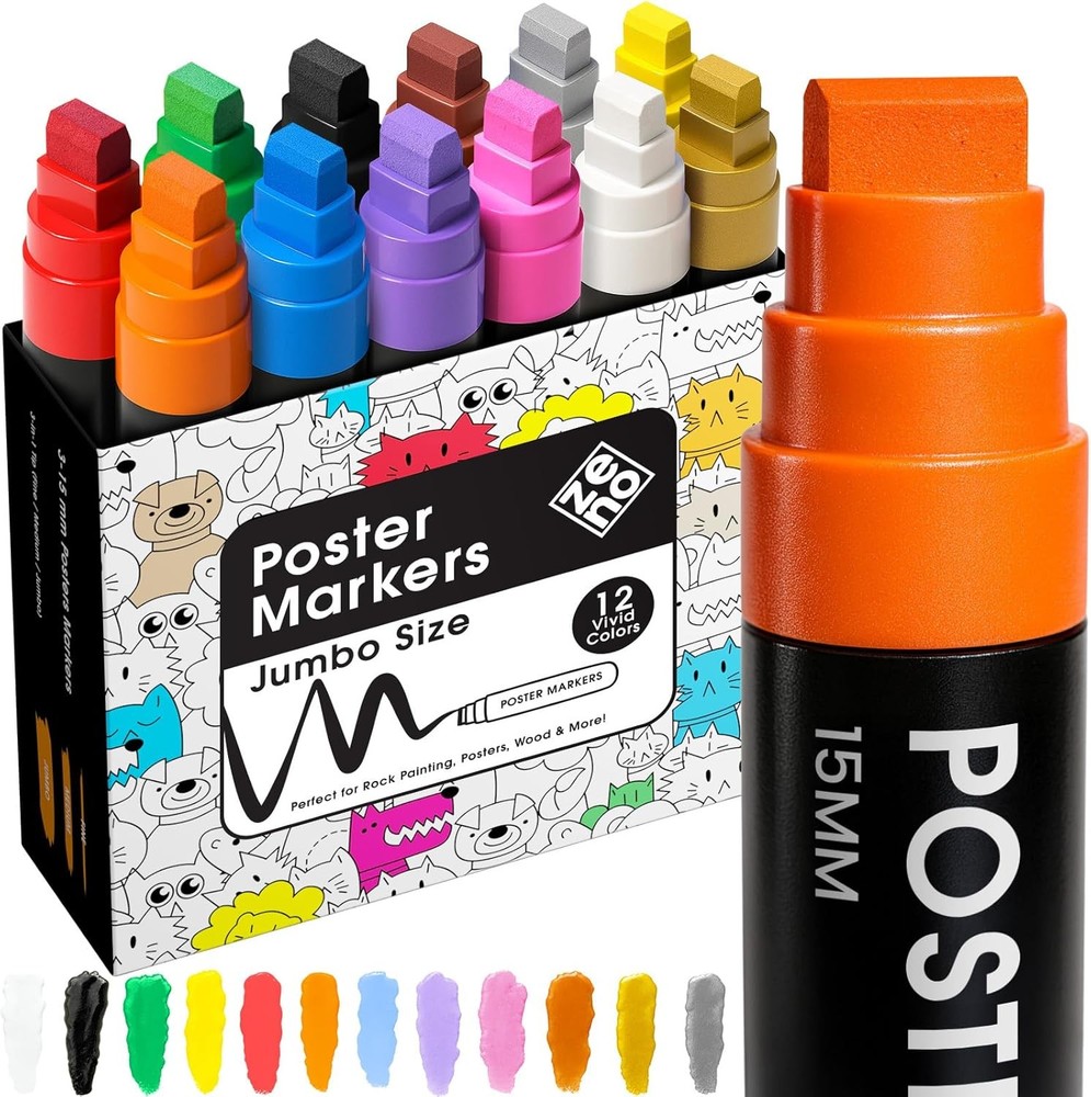 Jumbo Acrylic Paint Markers – 12 Vibrant Colors, 3-in-1 15mm Chisel Tip,