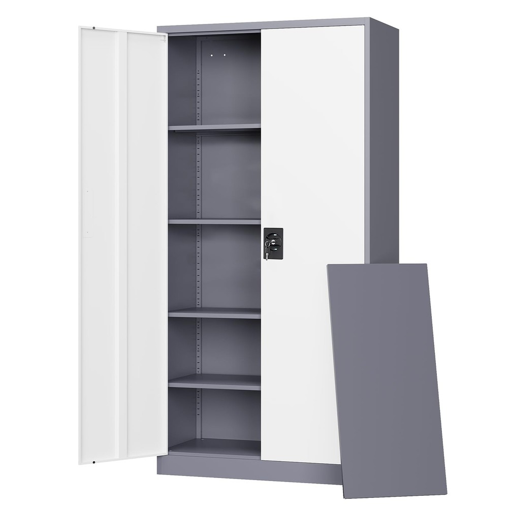 Metal Garage Cabinet Lock Adjustable Shelves Steel Tool Storage Gray White 72in