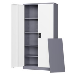 Metal Garage Cabinet Lock Adjustable Shelves Steel Tool Storage Gray White 72in