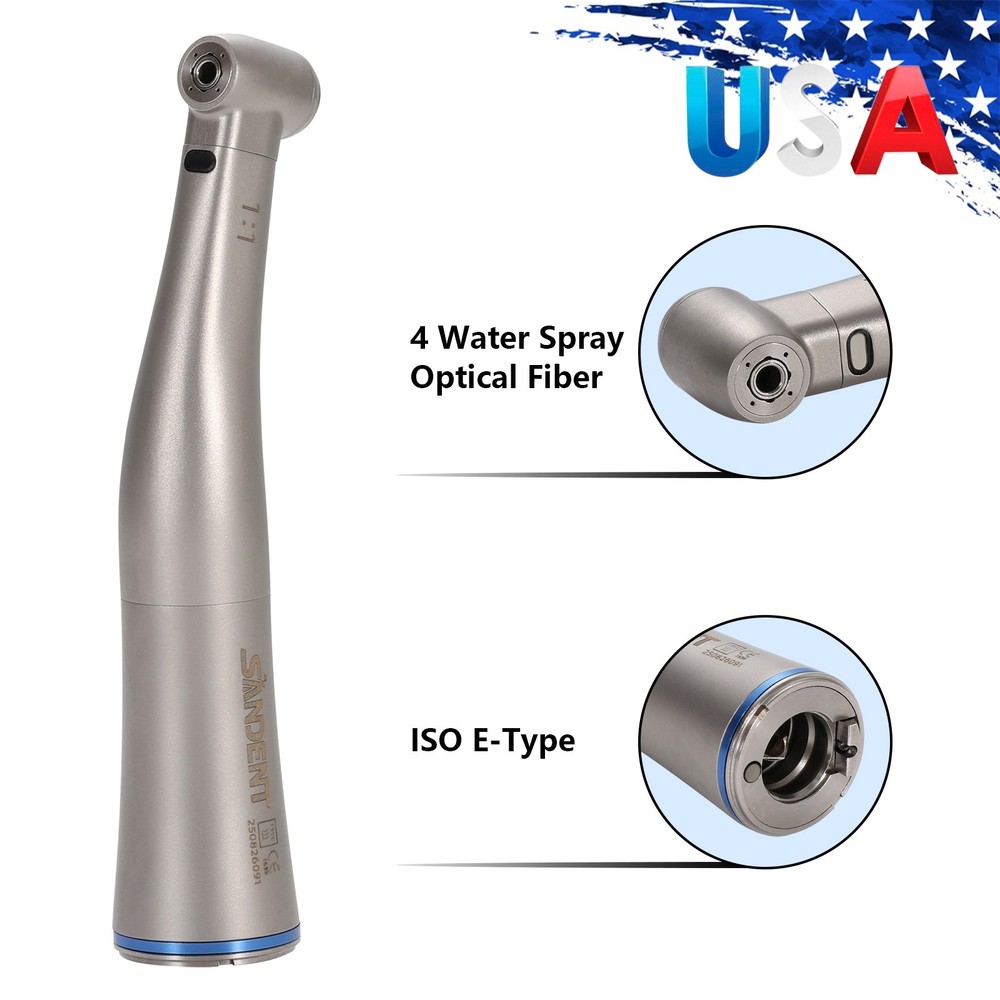 SANDENT Dental 1:1 Fiber Optic LED Contra Angle Handpiece Inner 4 Spray E-type